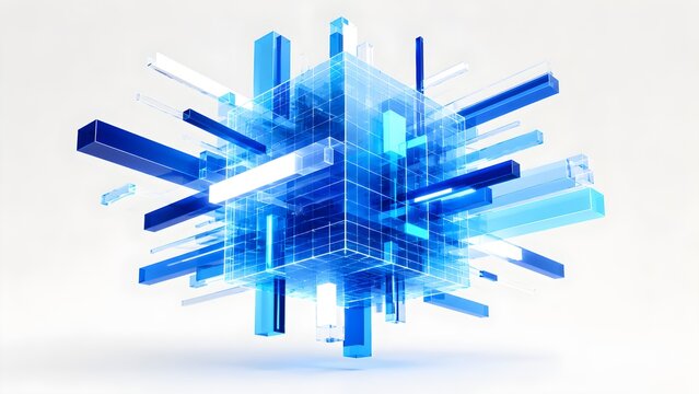 Abstract 3D Blue Geometric Cube Composition Featuring Translucent Digital Blocks Radiating Outward for Data Visualization Concepts