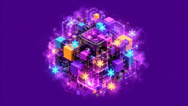 Abstract 3D Geometric Cube Composition Featuring Glowing Neon Particles and Futuristic Digital Blocks Floating in Deep Purple Space