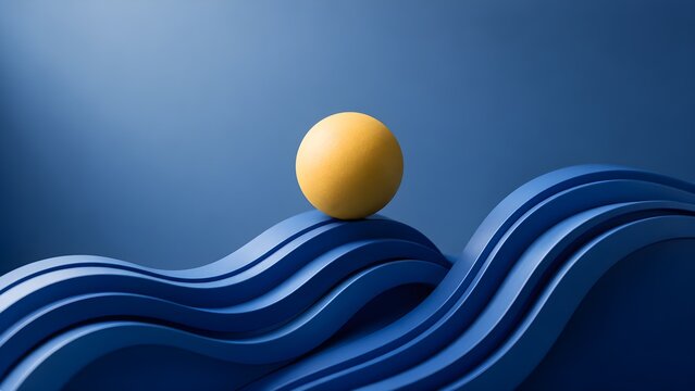 Minimalist 3D render featuring a solitary vibrant yellow sphere balanced perfectly atop flowing dark blue abstract wave structures