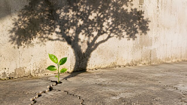 A small green plant grows through a crack in concrete pavement with a metaphorical large tree shadow cast upon the textured wall behind