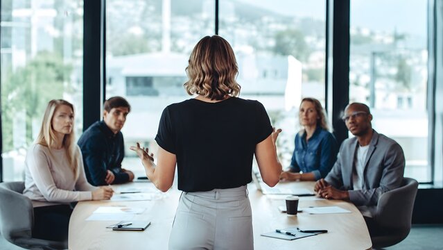 Professional business woman leading a strategic boardroom meeting with diverse colleagues to discuss corporate growth and development plans