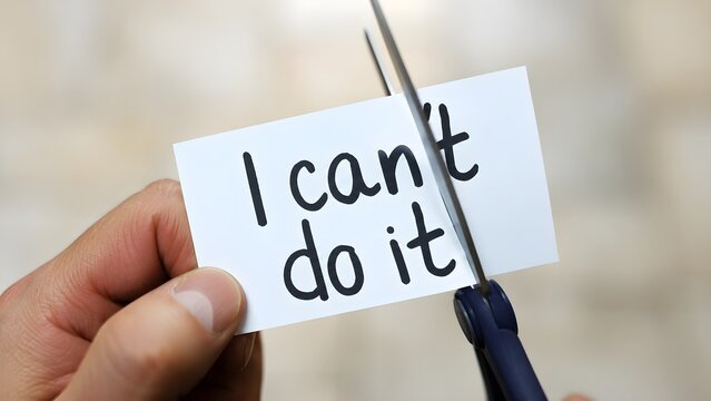 A Person Cutting a Paper Strip Containing the Negative Phrase I Can Not Do It to Symbolize Self Improvement and Personal Growth Concept