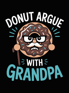 A playful graphic shows a donut with a mustache and glasses, holding a cane, set against a black background.