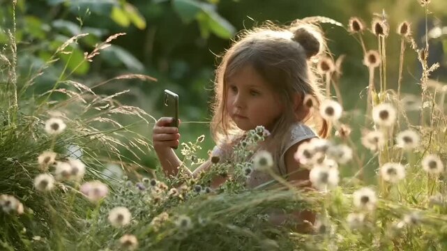 Summer hot vibe lifestyle. A young girl, captured in a candid moment, sits in a field of tall grasses and wildflowers. Sunlight filters through the leaves, creating a warm, golden glow.