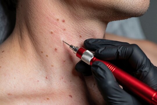 Doctor uses laser to remove small papillomas from male neck skin in clinic. Pro medical specialist in black gloves performs surgical procedure for wart removal. Modern laser equipment treats skin