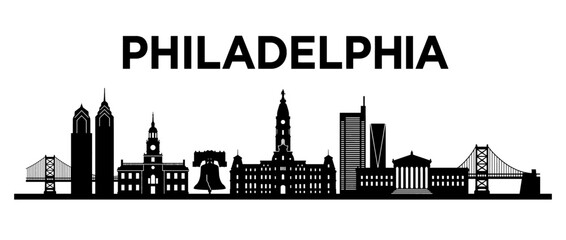 Obraz premium Philadelphia Pennsylvania city skyline silhouette with landmarks and text isolated on white background