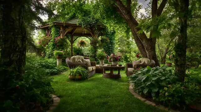 Summer hot vibe lifestyle. A vivid portrayal of a lush, green garden. A wooden gazebo is the main subject, surrounded by a variety of plants and flowers.