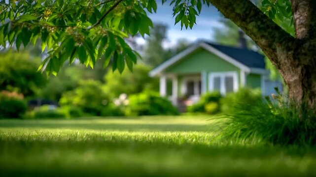 Summer hot vibe lifestyle. A vivid, naturalistic photograph captures a serene outdoor scene. A lush green lawn is the main subject, with a tree on the right side.