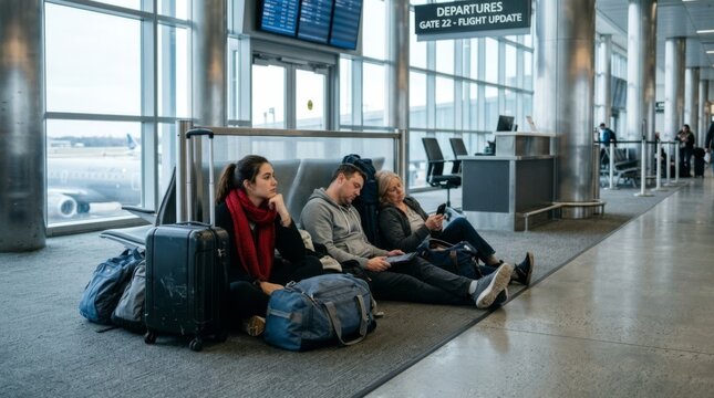 Tired passengers with luggage sit on airport floor waiting at departure gate, reflecting flight delay realities