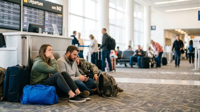 Tired travelers with luggage wait on airport floor near departure gate, delayed flight anticipation in bright modern terminal