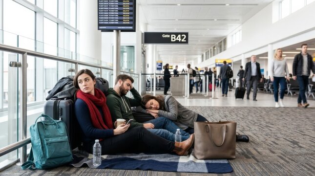 Tired travelers sleeping on airport floor during flight delay at gate B42, waiting for announcements in a modern terminal