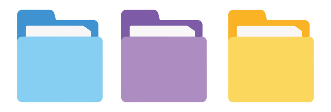 Colorful Folder Icons: A set of three stylized digital icons representing file folders in vibrant shades of blue, purple, and yellow, showcasing a clean and modern design aesthetic.