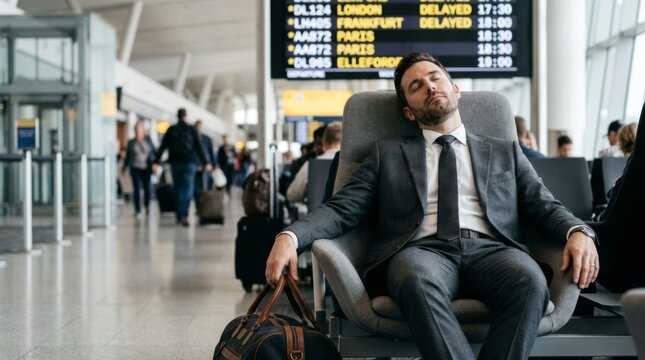 Tired businessman in suit sleeping at airport gate with delayed flight board, travel fatigue concept