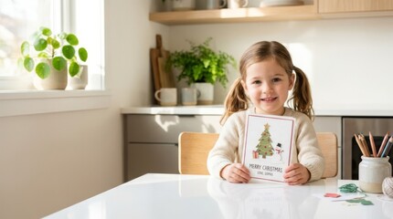 Obraz premium Young girl smiling, holding a handmade Christmas card with a festive tree and snowman, in a bright modern kitchen