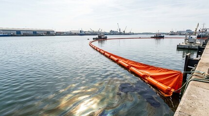 Obraz premium Orange oil containment boom on water with rainbow sheen, industrial harbor background, environmental protection concept