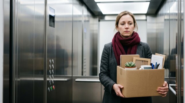 Woman carrying box of belongings in elevator after job loss, symbolizing redundancy and career transition