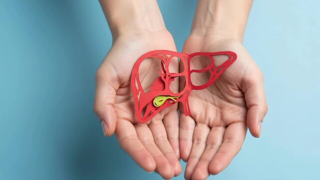 Hands holding a paper cutout of a human liver