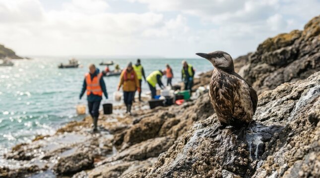 Oil-coated seabird on rocky shore with volunteers cleaning pollution in background, environmental conservation concept