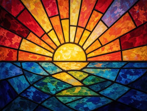 Vibrant stained glass artwork shows sun rising over blue water. Geometric shapes in red orange yellow blue green represent dawn sky, ocean waves. Handmade art piece features intricate patterns,
