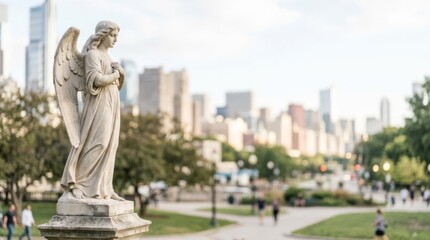 Fototapeta premium Stone angel statue in a city park, left-facing pose, with ample right-side copy space and urban bokeh background