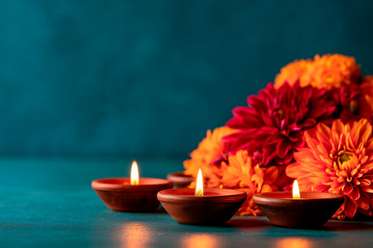 Happy Diwali Lighting diya oil lamps and flowers against a blue backdrop This is a traditional Indian festival of lights Celebrating a religious holiday. with copy space image 