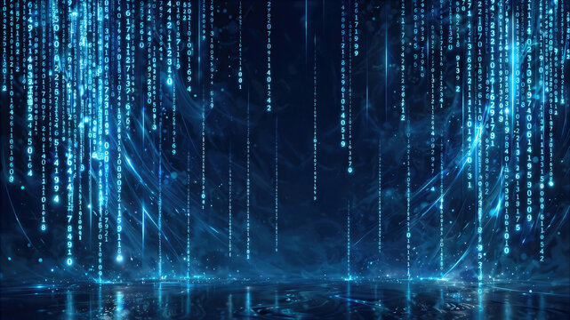 Abstract digital background with falling binary code numbers and data stream effect in blue