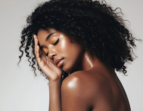 Beautiful Young Black Woman with Natural Curls and Radiant Makeup Portrait