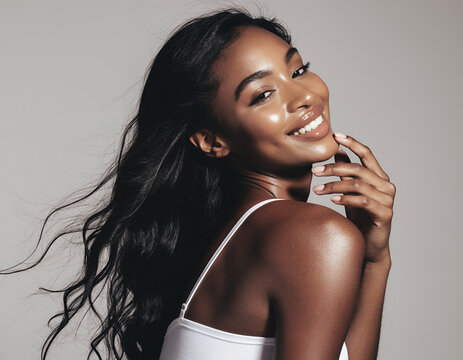 Stunning Model with Luminous Skin and Flowing Black Hair Smiling Softly