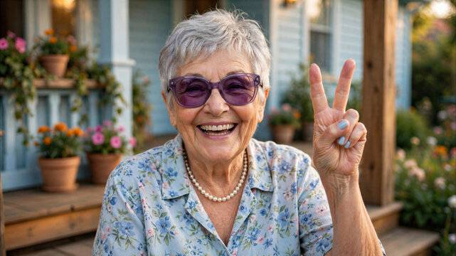 Happy senior woman with grey hair and purple glasses making a peace sign gesture while smiling on a sunny front porch