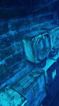 Several old and rusty metal boxes are arranged against a brick wall in a dark space. The lighting is low, creating shadows and highlighting the age of the items.