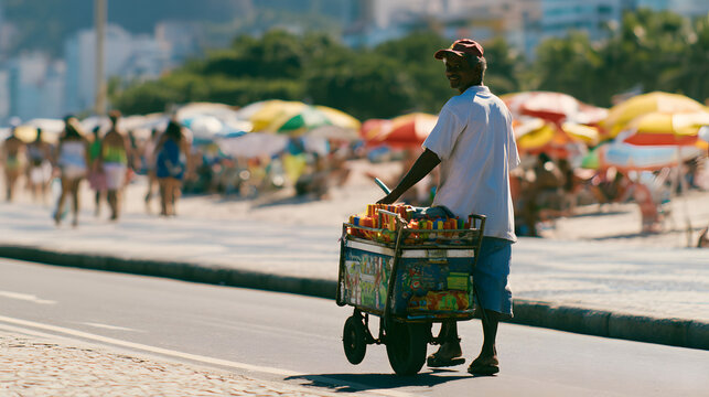 A picol&eacute; (popsicle) vendor pushing his cooler cart along a Rio de Janeiro beach boardwalk, genuine beachgoers and colorful umbrellas blurred in the background