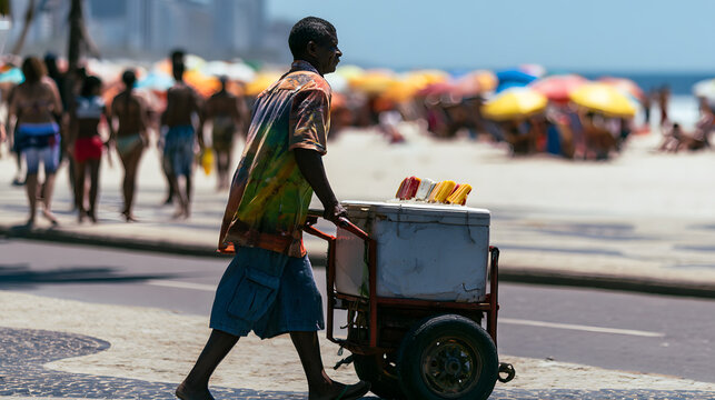 A picol&eacute; (popsicle) vendor pushing his cooler cart along a Rio de Janeiro beach boardwalk, genuine beachgoers and colorful umbrellas blurred in the background