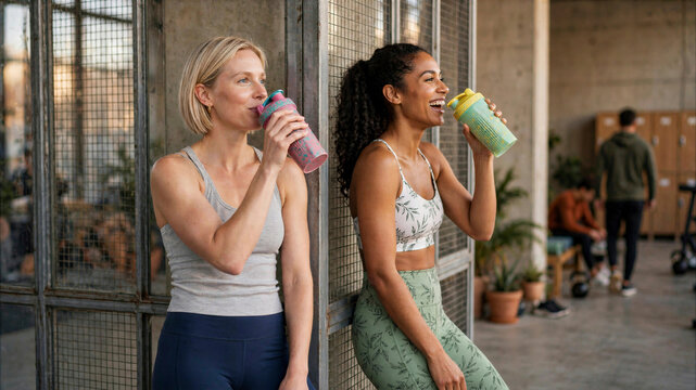 Two diverse women in athletic wear drinking from shaker bottles and laughing after a gym workout.