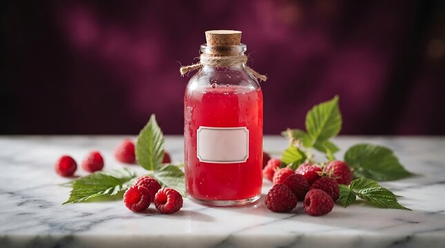 Raspberry Infused Elixir in a Glass Bottle with Fresh Raspberries and Mint Leaves.