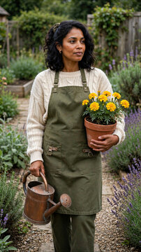A mature woman gardening holding a terracotta pot with yellow marigolds and a vintage copper watering can in a lush garden