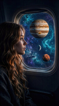 Woman Looking Through Airplane Window at Jupiter Mars and Cosmic Nebula