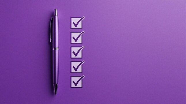 Purple ballpoint pen sits beside vertical row of checked boxes on violet background. Stationery item marks completed tasks in notebook list. Minimalist design shows productivity progress success,