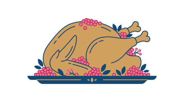 Roasted turkey dinner with berries for Thanksgiving holiday celebration graphic element