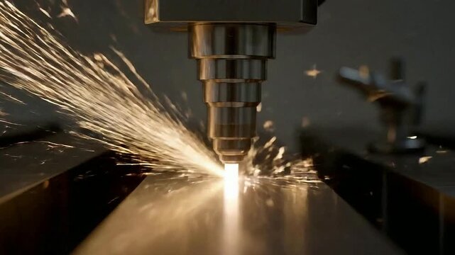 Precision Laser Cutting Tool Igniting Sparks During Metal Processing in Industrial Manufacturing Environment