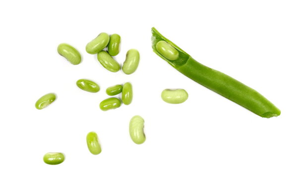 Green string beans with seeds isolated on white background, top view