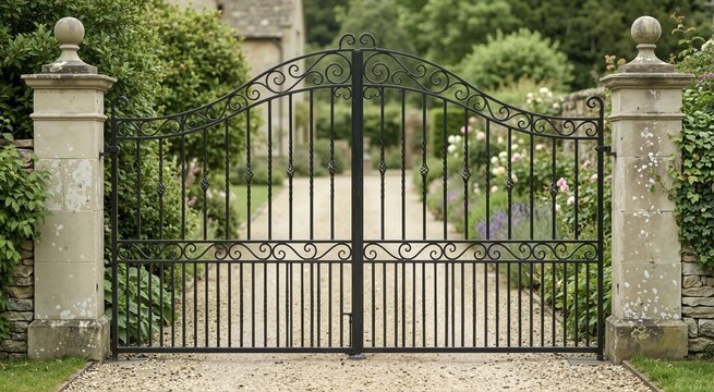 Ornamental black wrought iron gate with decorative twists and scrolls. Closed driveway entrance between stone pillars leading to a residential estate