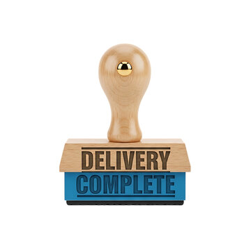 Wooden rubber stamp with the words delivery complete printed in blue, isolated on a black background, 3 d render