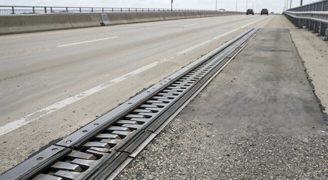 Metal expansion joint on a concrete highway bridge deck. Interlocking steel teeth for structural movement on an asphalt road surface. Civil engineering