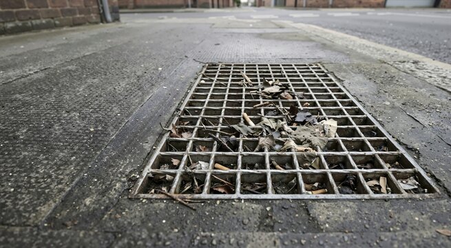 Clogged metal drainage grate on a concrete city sidewalk. Blocked street sewer drain filled with dry leaves, dirt, and litter