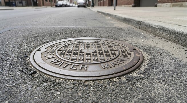Circular cast iron water main access cover on an asphalt street. Low angle view of urban underground utility infrastructure