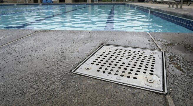 Square metal drain grate on a wet concrete pool deck. Stainless steel drainage cover next to a swimming pool with blue water