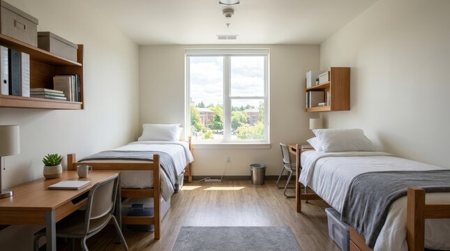 Modern college dormitory room with two beds. Shared student housing interior with desks