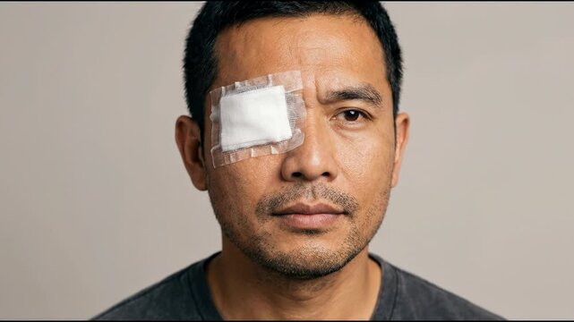 Eye Injury Recovery Process Shown by Adult Man with Eyepatch Experiencing Discomfort and Healing Progress