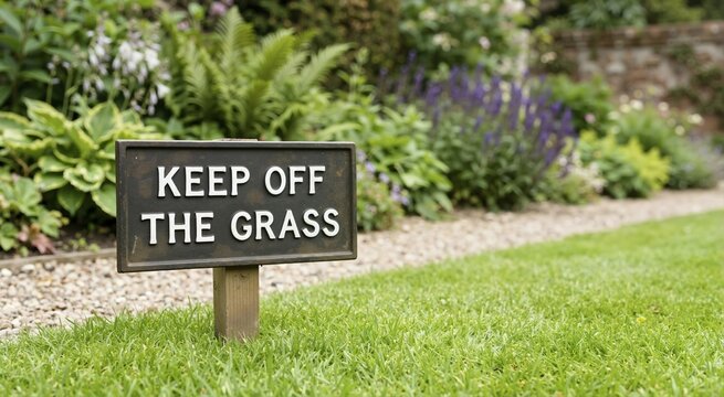 Dark metal garden plaque reading keep off the grass on a green lawn. Warning sign next to a gravel path and flower bed