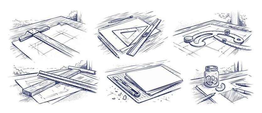 Architectural drafting tools sketch set for engineering blueprint design work, featuring t-square ruler triangle french curve pencil drawing equipment line art vector illustration collection.